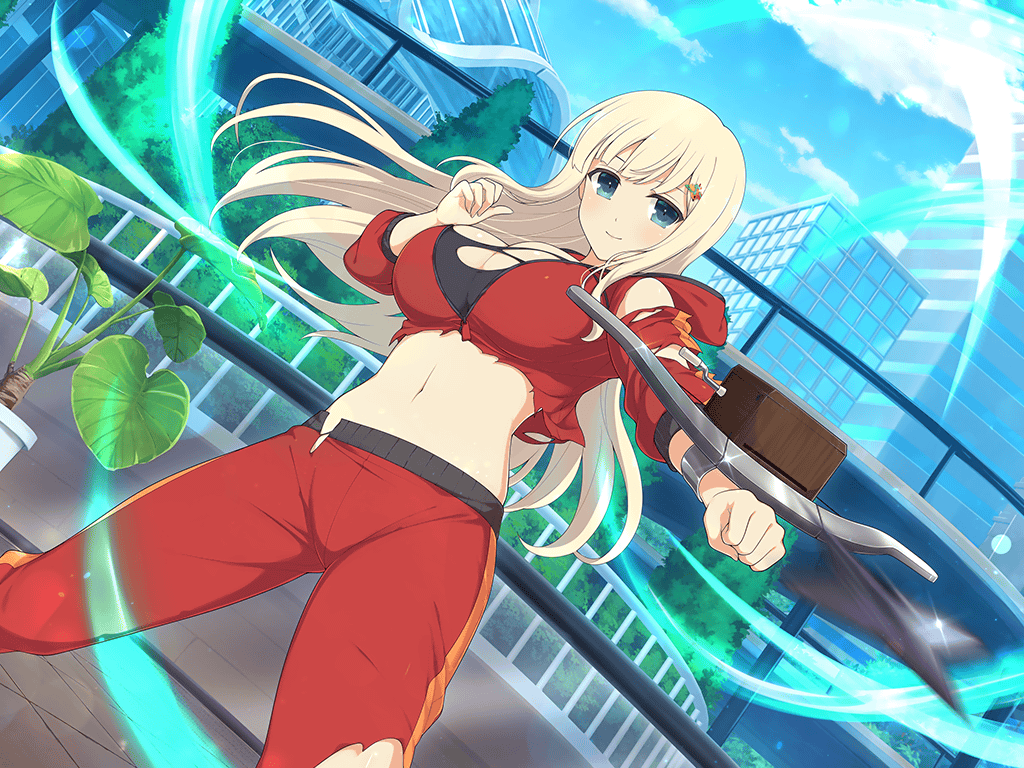 aiming aqua_eyes blonde_hair breasts city cityscape cleavage closed_mouth clothing_cutout crossbow day fighting_stance green_eyes hair_ornament hairclip holding holding_crossbow holding_weapon hood hoodie large_breasts long_hair navel non-web_source official_art pants plant potted_plant senran_kagura senran_kagura_new_link shuriken smile stomach_cutout sweater sweatpants torn_clothes torn_pants weapon yomi_(senran_kagura)