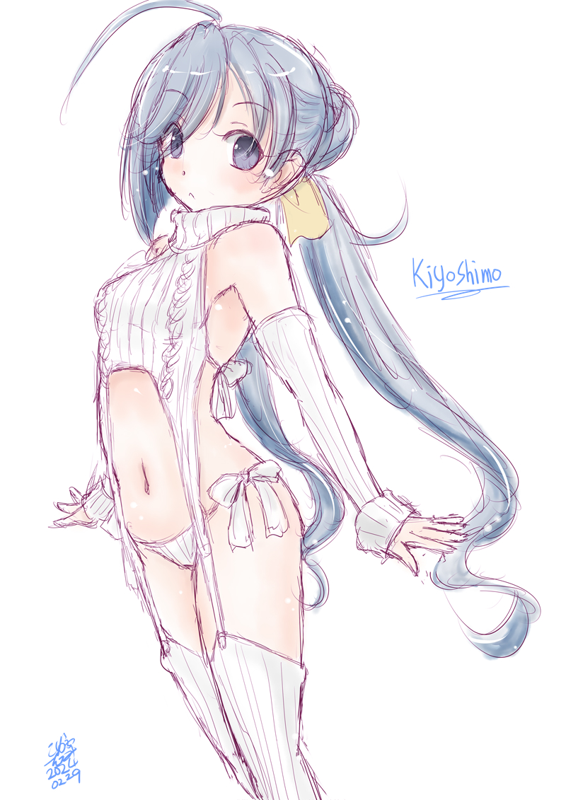 1girl ahoge breasts character_name cropped_sweater detached_sleeves feet_out_of_frame garter_straps grey_eyes grey_hair hair_bun kantai_collection kiyoshimo_(kancolle) koshigaya_tatsumi low_twintails meme_attire one-hour_drawing_challenge panties ribbed_legwear ribbed_panties ribbed_sleeves ribbed_sweater ribbed_thighhighs side-tie_panties simple_background single_hair_bun sleeveless sleeveless_sweater sleeveless_turtleneck small_breasts solo sweater turtleneck turtleneck_sweater twintails underwear virgin_destroyer_sweater white_background white_garter_straps white_panties white_sweater