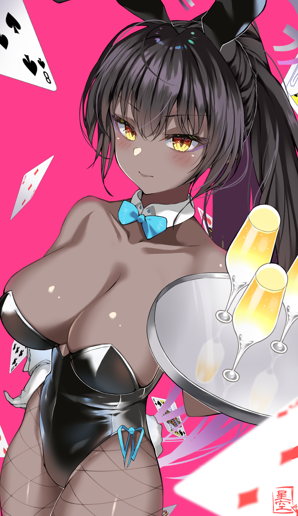1girl alcohol animal_ears bare_shoulders black_hair black_leotard blue_archive blue_bow blue_bowtie bow bowtie breasts card cleavage collarbone covered_navel cup dark_skin detached_collar eyeshadow fake_animal_ears fishnet_pantyhose fishnets from_above gloves gradient_hair hair_between_eyes halo hand_on_own_hip highres holding holding_tray hoshizora_gabugabu karin_(blue_archive) karin_(bunny)_(blue_archive) large_breasts leotard long_hair looking_at_viewer makeup multicolored_hair pantyhose pink_background playboy_bunny playing_card ponytail purple_eyeshadow purple_halo rabbit_ears rabbit_tail slit_pupils strapless strapless_leotard tail tray v-shaped_eyebrows very_long_hair white_gloves wrist_cuffs yellow_eyes
