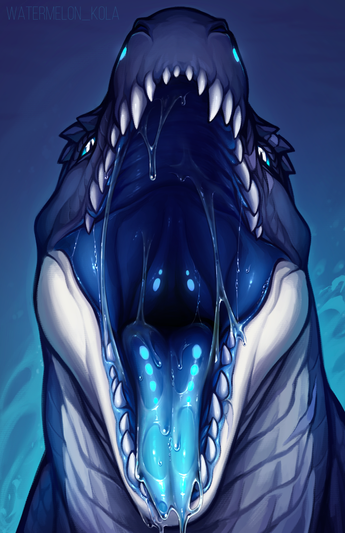 ambiguous_form ambiguous_gender artist_name blue_body blue_sclera bodily_fluids drooling forked_tongue front_view glistening glistening_eyes kolaa looking_at_viewer mouth_shot open_mouth pupils saliva saliva_on_tongue saliva_string scales scalie simple_background slit_pupils solo tongue white_body white_eyes white_scales