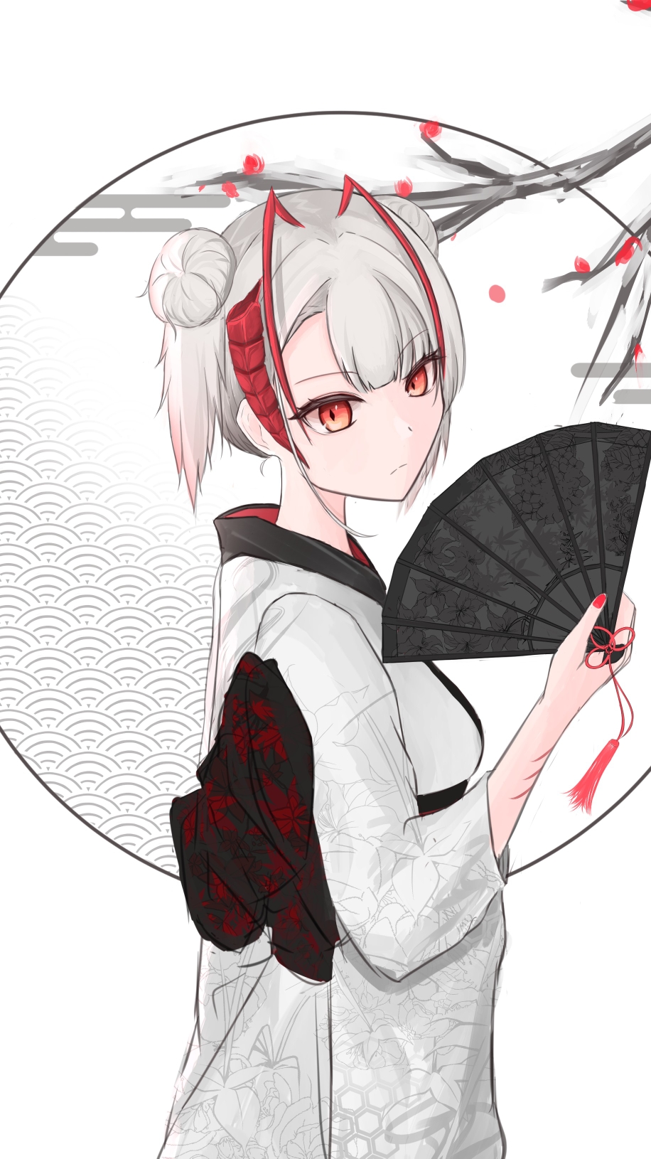 1girl antennae arknights demon_horns double_bun grey_hair hair_bun hand_fan highres holding horns japanese_clothes kimono looking_at_viewer multicolored_hair myb52 red_eyes red_hair short_hair simple_background solo w_(arknights) white_kimono wide_sleeves