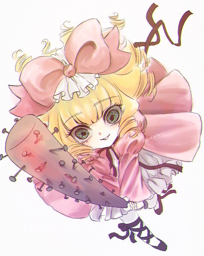 1girl baseball_bat blonde_hair bow coat commentary_request dress frilled_dress frills full_body green_eyes grin hair_bow hinaichigo holding holding_baseball_bat jumping kiru_(m_putorius) leg_ribbon lolita_fashion long_sleeves looking_at_viewer medium_bangs medium_hair nail nail_bat neck_ribbon pantyhose pink_bow pink_coat red_footwear red_ribbon ribbon rozen_maiden shoes simple_background smile solo too_many_drills white_background white_dress white_pantyhose