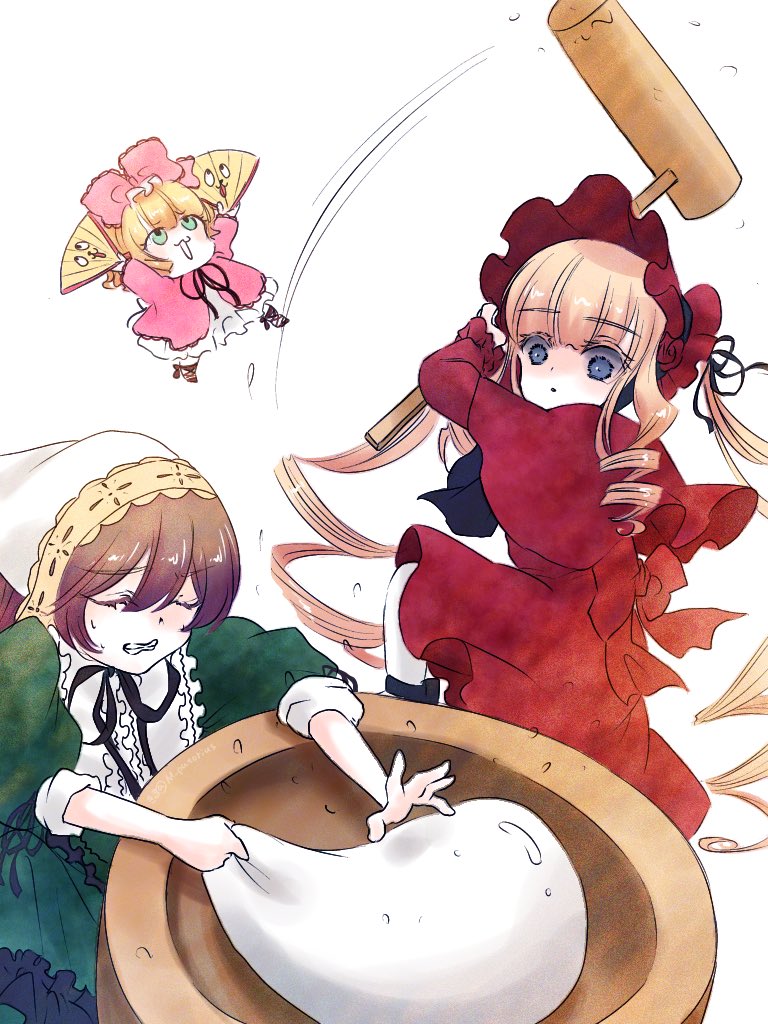 3girls black_ribbon blonde_hair blue_eyes bonnet bow brown_hair capelet chibi clenched_teeth closed_eyes coat collared_dress commentary_request dress drill_hair drill_sidelocks empty_eyes feet_out_of_frame folding_fan food frilled_dress frilled_shirt_collar frills green_dress hair_bow hand_fan head_scarf hinaichigo kine kiru_(m_putorius) kunkun lolita_fashion long_hair long_sleeves mallet medium_bangs mochi mochitsuki mortar_(bowl) multiple_girls neck_ribbon open_mouth pantyhose pink_bow pink_coat red_capelet red_dress red_headwear ribbon rozen_maiden shinku short_hair sidelocks simple_background suiseiseki teeth twintails very_long_hair white_background white_dress white_headwear white_pantyhose wide_sleeves