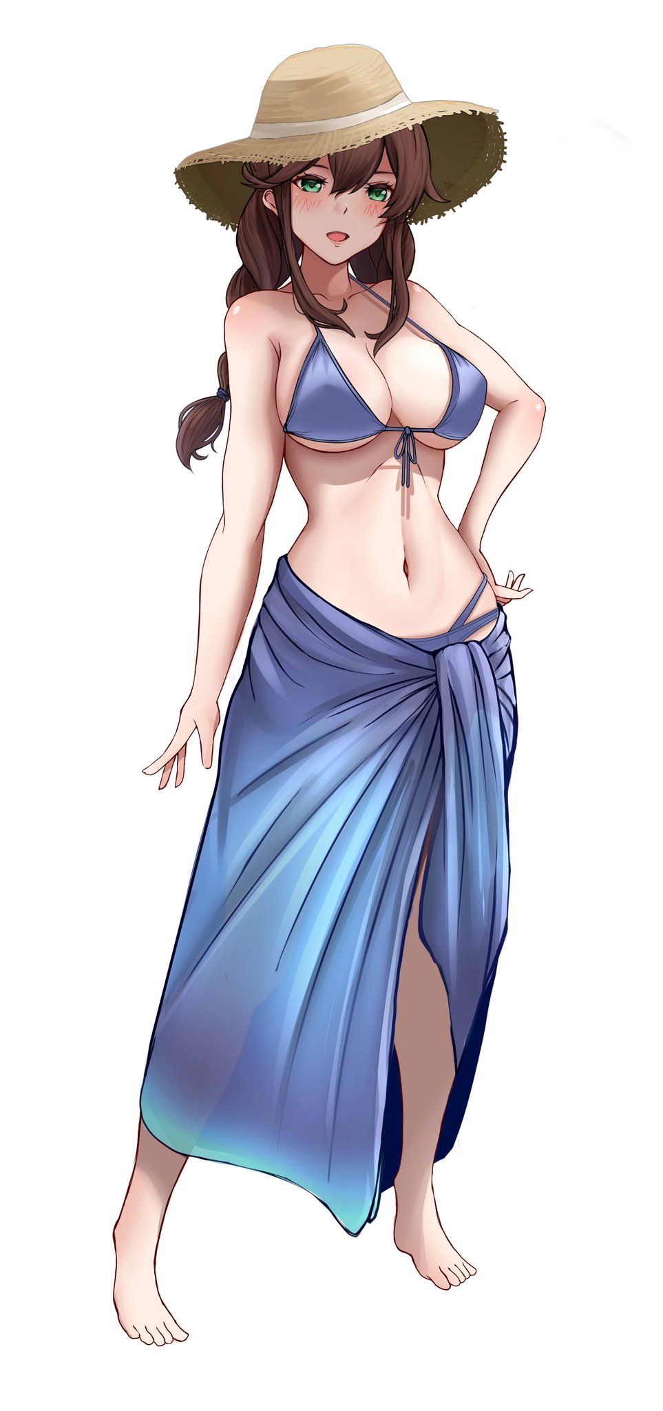 1girl :d alternate_costume barefoot bikini blue_bikini blue_sarong blush braid breasts brown_hair commentary cowboy_shot front-tie_bikini_top front-tie_top full_body green_eyes halterneck hand_on_own_hip hat highres kantai_collection large_breasts long_hair looking_at_viewer navel noshiro_(kancolle) open_mouth r31harutan sarong simple_background smile solo standing straw_hat string_bikini sun_hat swimsuit twin_braids white_background