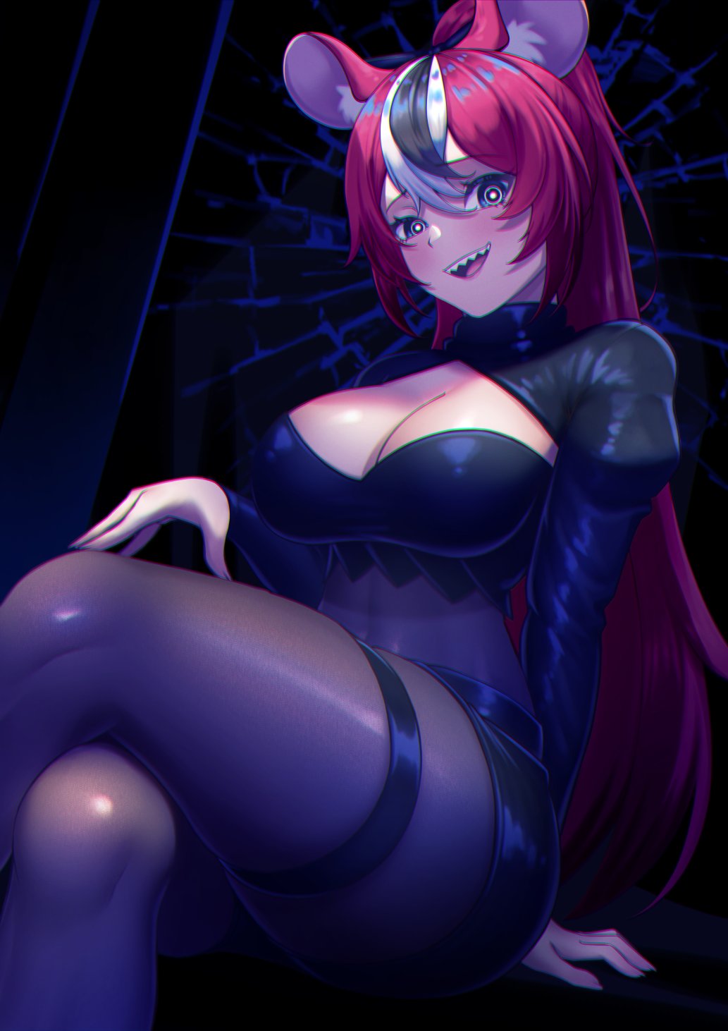 1girl animal_ears bandeau black_bandeau black_hair black_ribbon black_shorts black_shrug blackberry_baelz blue_eyes bodystocking breasts cipher4109 cleavage cropped_legs crossed_legs double-parted_bangs feet_out_of_frame hair_between_eyes hair_ribbon hakos_baelz high_ponytail highres hololive hololive_english large_breasts legs long_hair long_sleeves looking_at_viewer mouse_ears mouse_girl multicolored_hair official_alternate_costume open_mouth pantyhose ponytail red_hair ribbon sharp_teeth short_shorts shorts shrug_(clothing) sitting smile solo stage streaked_hair teeth thigh_strap thighs virtual_youtuber white_hair