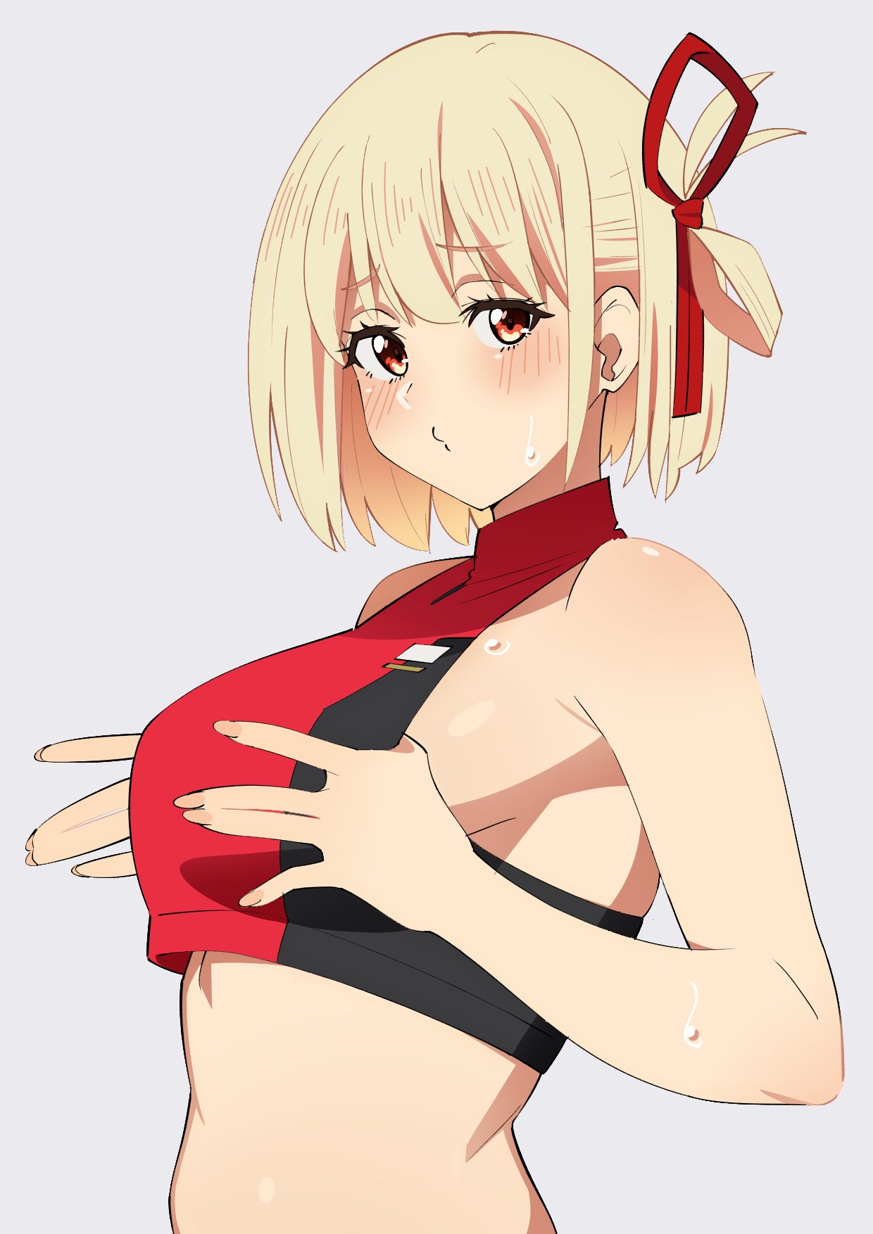 1girl adjusting_clothes bare_shoulders blonde_hair blush bob_cut breasts commentary_request cropped_shirt from_side hair_ribbon hands_up highres large_breasts looking_at_viewer lycoris_recoil nishikigi_chisato o3o one_side_up puckered_lips red_eyes red_ribbon red_shirt ribbon sakura_1110ssmm shirt short_hair sideboob simple_background sleeveless sleeveless_shirt solo sweat upper_body white_background