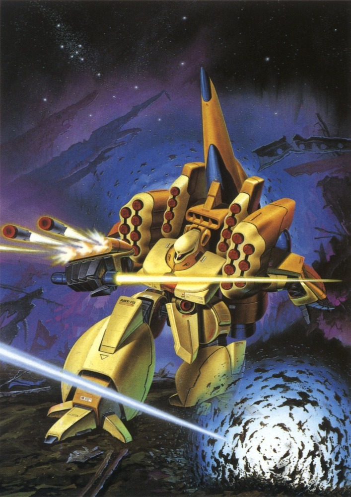 1980s_(style) battle beam_saber energy_beam explosion firing gundam gundam_zz hasegawa_masayuki mecha mecha_focus missile missile_pod mobile_suit neo_zeon no_humans official_art production_art promotional_art retro_artstyle robot scan science_fiction starry_background zssa