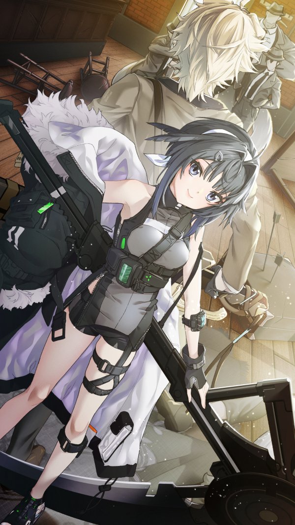 1girl 4boys arknights arrow_(projectile) bar_(place) bar_stool bare_shoulders black_jacket black_shirt black_shorts bow breasts closed_mouth dutch_angle faceless faceless_male foot_out_of_frame grey_eyes grey_hair hair_bow hair_intakes head_tilt head_wings holding holding_behind_back holding_scythe indoors jacket la_pluma_(arknights) looking_at_viewer medium_breasts medium_hair multiple_boys open_clothes open_jacket people scythe seto_tinami shirt shorts sidelocks sleeveless sleeveless_shirt smile stool tequila_(arknights) two-sided_fabric two-sided_jacket white_bow white_jacket wings wooden_floor