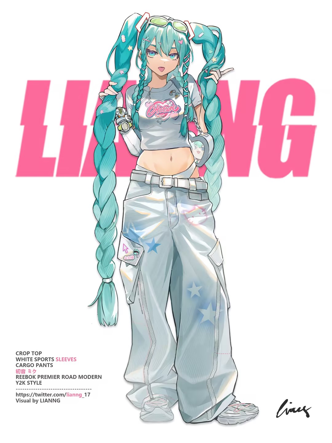 1girl :d artist_name baggy_pants blue_eyes blue_hair braid crop_top goggles goggles_on_head hair_between_eyes hair_ornament hatsune_miku highleg highleg_panties highres lianng long_hair long_sleeves navel open_mouth panties pants print_shirt shirt shoes sidelocks signature simple_background smile sneakers solo stomach tongue tongue_out twin_braids underwear very_long_hair vocaloid watch white_background white_footwear white_pants white_shirt wristwatch y2k_(fashion)