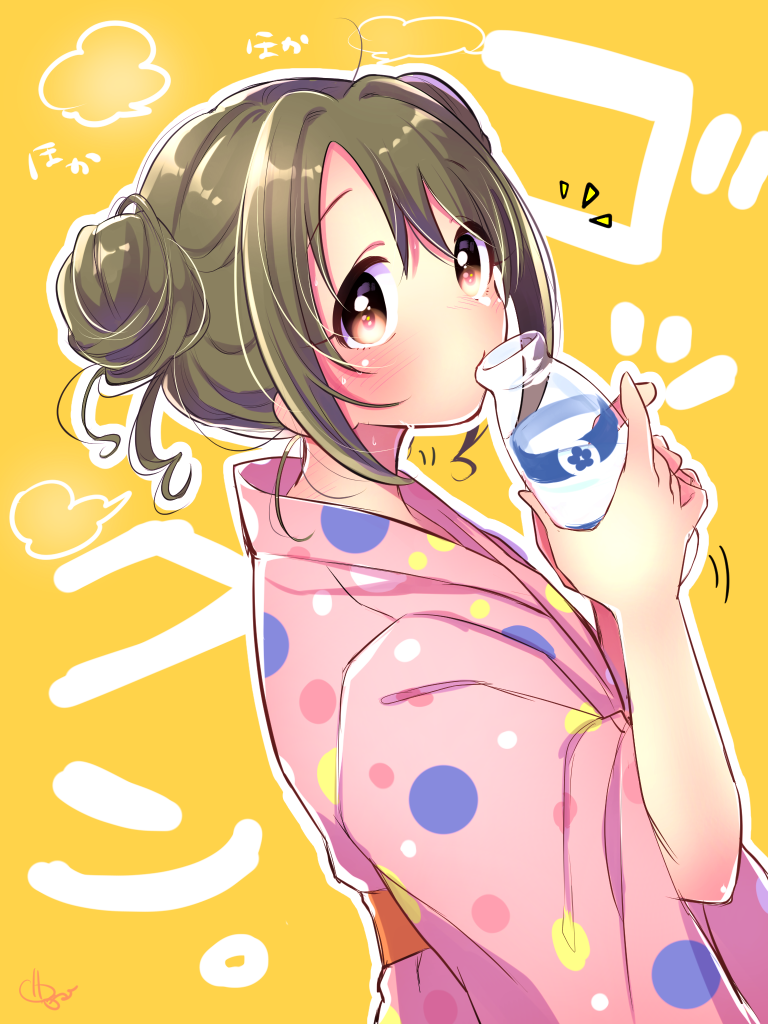 1girl alternate_hairstyle blush bottle breasts brown_eyes brown_hair drinking folded_twintails from_side hands_up holding holding_bottle idolmaster idolmaster_cinderella_girls idolmaster_cinderella_girls_starlight_stage imai_kana jamu japanese_clothes kimono long_hair long_sleeves looking_at_viewer medium_breasts milk_bottle motion_lines pink_kimono polka_dot polka_dot_kimono signature simple_background solo steam twintails upper_body wide_sleeves yellow_background