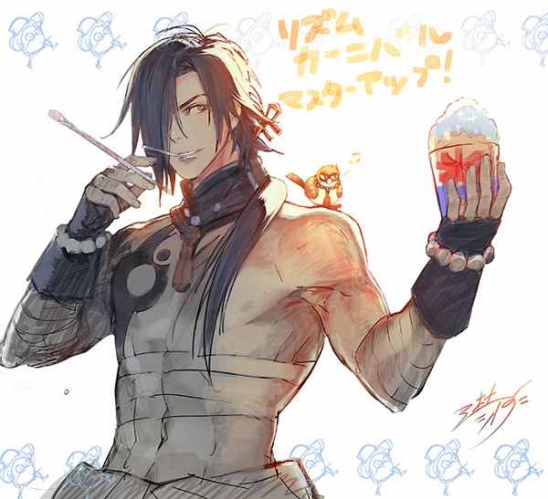 1boy bandaid beni_(dramatical_murder) bird black_hair cup dramatical_murder holding holding_cup koujaku long_hair looking_to_the_side male_focus namaniku_atk nitro+_chiral nitroplus non-web_source official_art one_eye_covered simple_background topless_male white_background