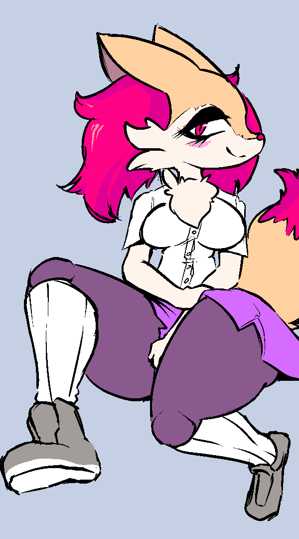 anthro blush bottomwear braixen clothed clothing female footwear generation_6_pokemon inner_ear_fluff knee_highs knee_socks legwear nintendo pokemon pokemon_(species) pupils red_eyes shoes skirt slit_pupils socks solo stormkinght tuft