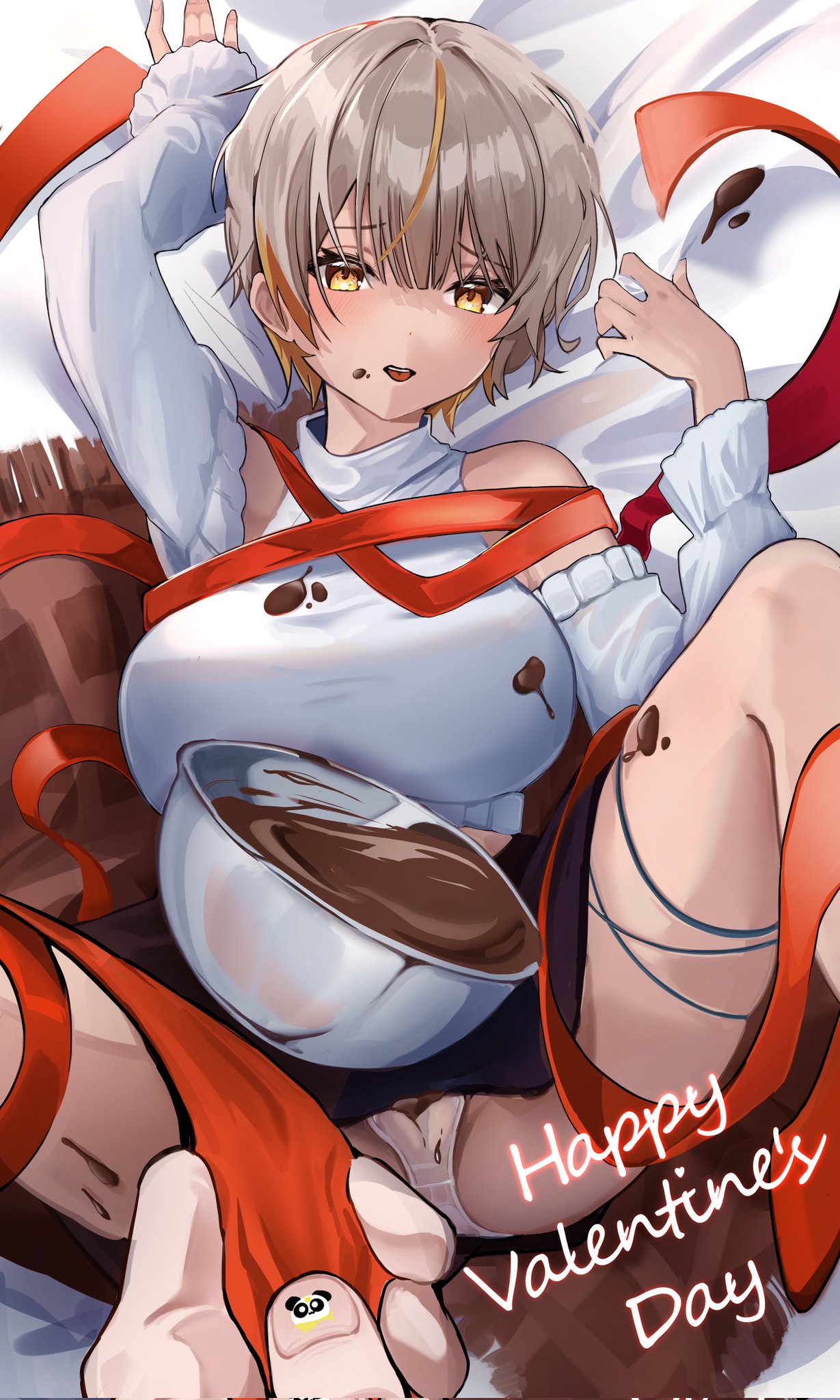 1girl breasts chaum chocolate chocolate_on_body chocolate_on_clothes chocolate_on_face chocolate_on_legs clothing_cutout food food_on_body food_on_face grey_hair happy_valentine highres large_breasts luvdia mixing_bowl multicolored_hair orange_hair panties pantyshot park_dona red_ribbon ribbon sheet_grab short_hair shoulder_cutout solo streaked_hair underwear virtual_youtuber white_panties white_sleeves yellow_eyes