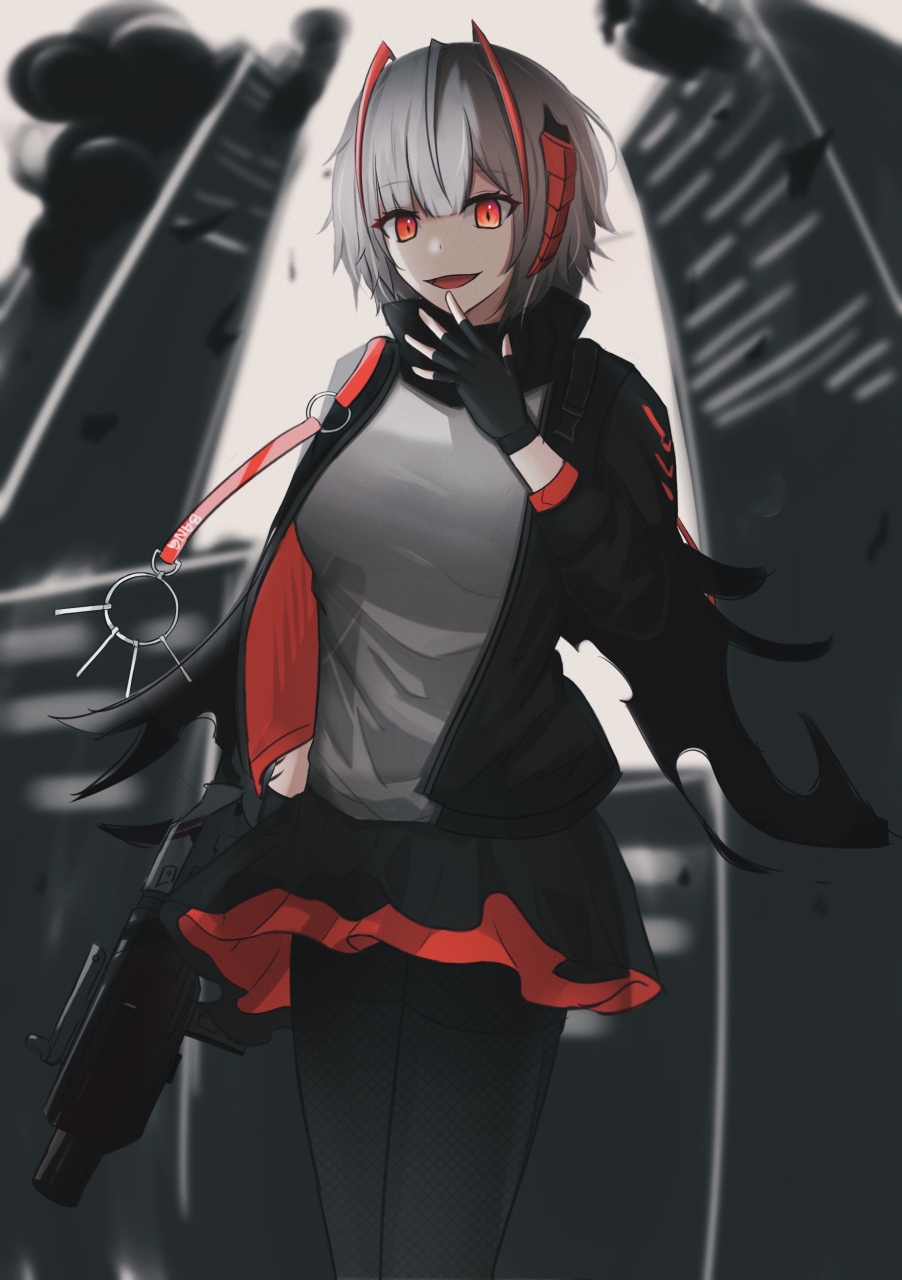 1girl antenna_hair antennae arknights black_gloves black_jacket black_pantyhose black_scarf breasts demon_girl demon_horns fingerless_gloves gloves grey_hair grey_shirt highres horns jacket large_breasts looking_at_viewer mk_18_carbine myb52 open_clothes open_jacket pantyhose red_eyes red_nails scarf shirt short_hair skirt smile solo w_(arknights)