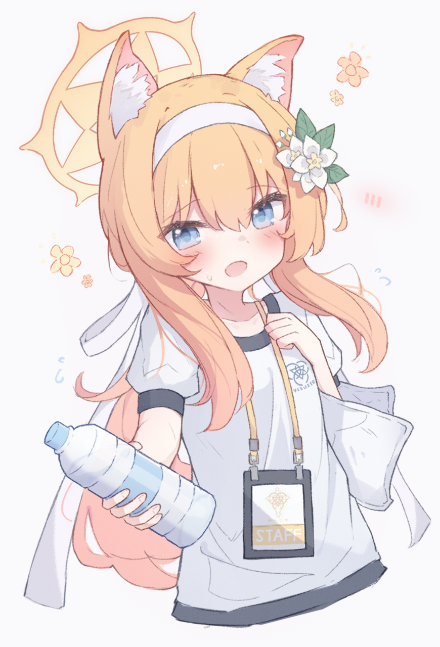 1girl animal_ear_fluff animal_ears blue_archive blue_eyes blush bottle breasts collarbone commentary cropped_torso flower fox_ears fox_girl hair_flower hair_ornament hairband halo highres holding holding_bottle long_hair looking_at_viewer mari_(blue_archive) mari_(track)_(blue_archive) nalphanne official_alternate_costume open_mouth orange_hair plastic_bottle ponytail shirt short_sleeves small_breasts solo white_hairband white_shirt yellow_halo