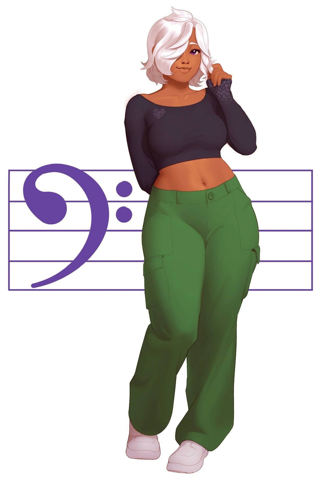 1girl arm_behind_back bass_clef breasts cargo_pants commentary cropped_shirt dark-skinned_female dark_skin entheighth eyebrows_hidden_by_hair full_body green_pants hair_over_one_eye hand_in_own_hair highres large_breasts lips medium_hair midriff navel original pants purple_hair smile solo symbol-only_commentary white_hair