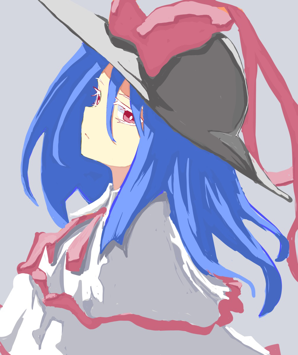 1girl black_headwear blue_hair bow capelet closed_mouth commentary_request from_side grey_background hair_between_eyes hat hat_bow highres looking_at_viewer medium_hair nagae_iku red_bow red_eyes simple_background solo touhou upper_body white_capelet yamasina009