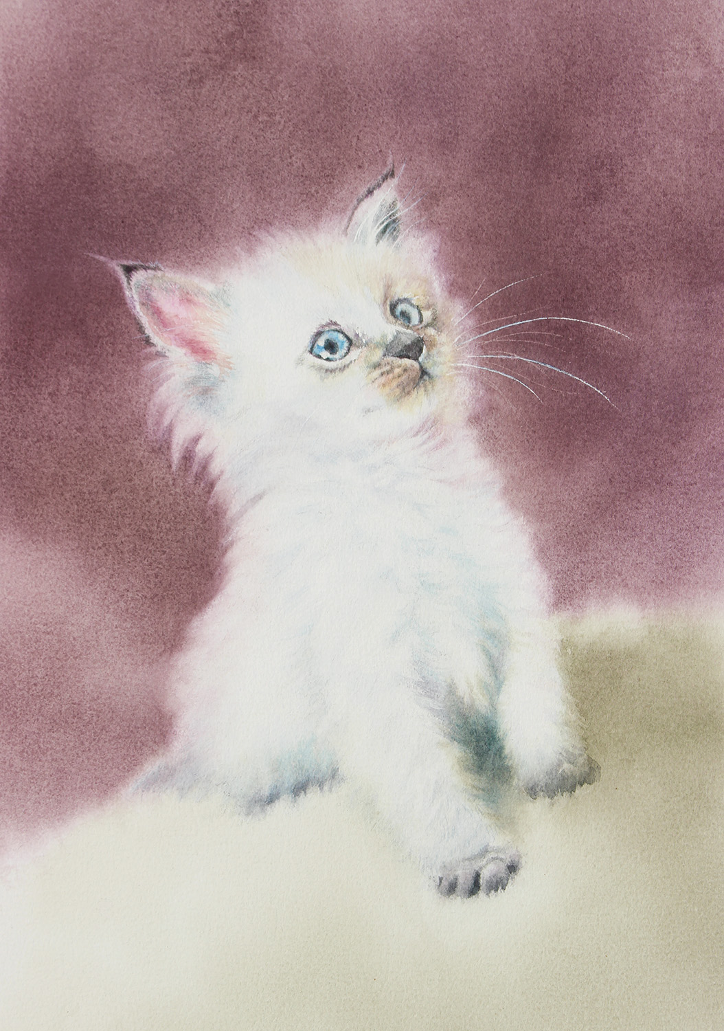 animal blue_eyes cat highres kitten looking_at_viewer no_humans original painting_(medium) realistic still_life traditional_media watercolor_(medium) yu_grassbird