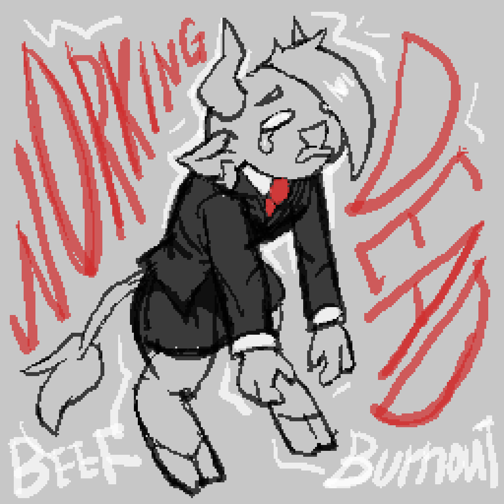 anthro bodily_fluids bovid bovine cattle clothed clothing digital_media_(artwork) ear_piercing english_text hooves male mammal monochrome office_clothing open_mouth piercing pixel_(artwork) simple_background solo tass_(character) tass_the_bovine tears text