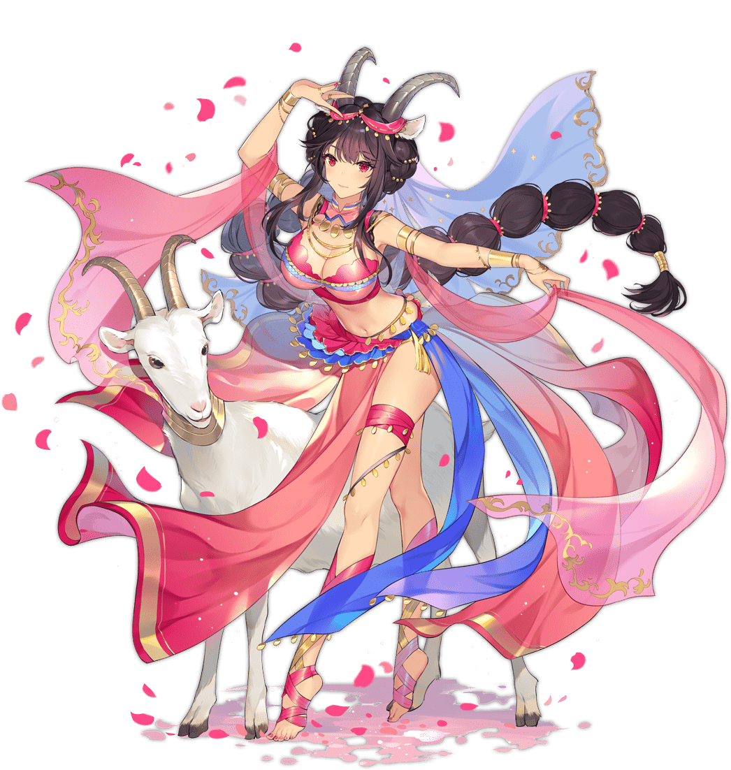 1girl animal_ears ark_order armpits black_hair bra bracelet breasts cleavage dancer dancing goat_(ark_order) goat_ears goat_girl goat_horns goat_tail gold gold_necklace hair_ornament harem_outfit hatoyama_itsuru horns jewelry large_breasts leaf leg_ribbon long_hair looking_at_viewer low-tied_long_hair multi-tied_hair multiple_rings nail_polish necklace no_shoes official_art pelvic_curtain pink_bra pink_nails pink_skirt red_eyes ribbon ring sidelocks skirt solo tachi-e thigh_ribbon toenail_polish toenails transparent_background underwear very_long_hair