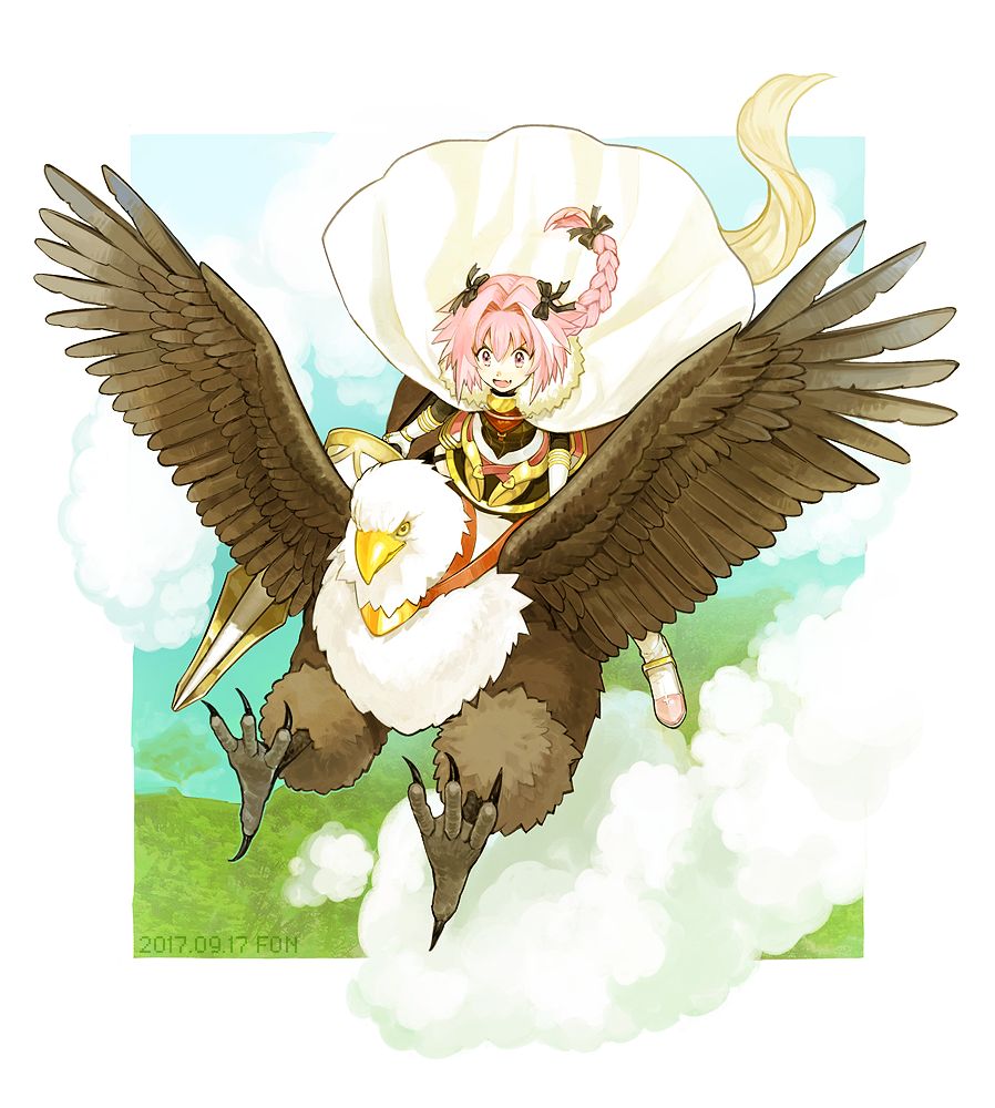 1boy astolfo_(fate) black_bow border bow cape claws cloud dated fang fate/apocrypha fate_(series) fon-due_(fonfon) fur-trimmed_cape fur_trim griffon hair_bow holding holding_weapon male_focus open_mouth otoko_no_ko pink_eyes pink_hair riding skin_fang weapon white_border white_cape white_footwear yellow_eyes