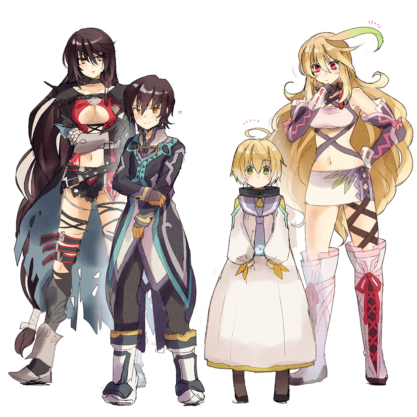 2boys 2girls ahoge black_choker black_hair blonde_hair blush boots breasts child choker cleavage commentary_request cross-laced_footwear crossed_arms eyelashes full_body gloves gradient_hair green_eyes green_hair hair_between_eyes houhou_(black_lack) jude_mathis lace-up_boots laphicet_(tales) long_coat long_hair looking_at_another looking_at_viewer low-tied_long_hair milla_maxwell multicolored_hair multiple_boys multiple_girls navel pink_eyes short_hair size_difference sketch skirt smile standing strapless sweatdrop swept_bangs tales_of_(series) tales_of_berseria tales_of_xillia torn_clothes tube_top velvet_crowe very_long_hair white_background yellow_eyes