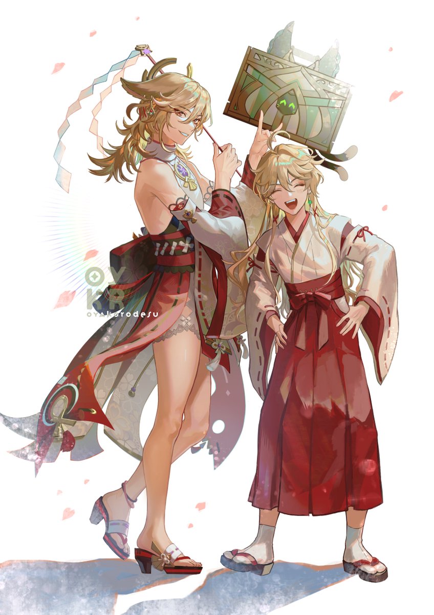2boys aether_(genshin_impact) ahoge alternate_costume alternate_hairstyle animal_ears artist_logo artist_name bare_legs bare_shoulders blonde_hair closed_eyes cosplay detached_sleeves earrings english_commentary facing_viewer falling_petals floppy_ears fox_ears fox_shadow_puppet full_body genshin_impact hair_between_eyes hakama hakama_skirt hands_on_own_hips hands_up highres japanese_clothes jewelry kaveh_(genshin_impact) kemonomimi_mode legs_apart long_hair long_sleeves looking_at_viewer male_focus mehrak_(genshin_impact) miko multiple_boys nontraditional_miko open_mouth oyakorodesu parted_lips petals red_hakama ribbon-trimmed_sleeves ribbon_trim sandals shoes skirt smile standing tabi very_long_hair wide_sleeves yae_miko yae_miko_(cosplay) zouri