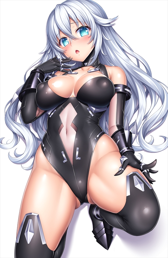 bare_shoulders black_heart black_legwear black_leotard blue_eyes blush boots breasts cleavage cleavage_cutout covered_navel elbow_gloves embarrassed erect_nipples gloves hand_on_own_thigh hand_up lambda_(kusowarota) leotard long_hair looking_at_viewer medium_breasts neptune_(series) open_mouth power_symbol see-through silver_hair simple_background skin_tight solo symbol-shaped_pupils thigh_boots thighhighs white_background