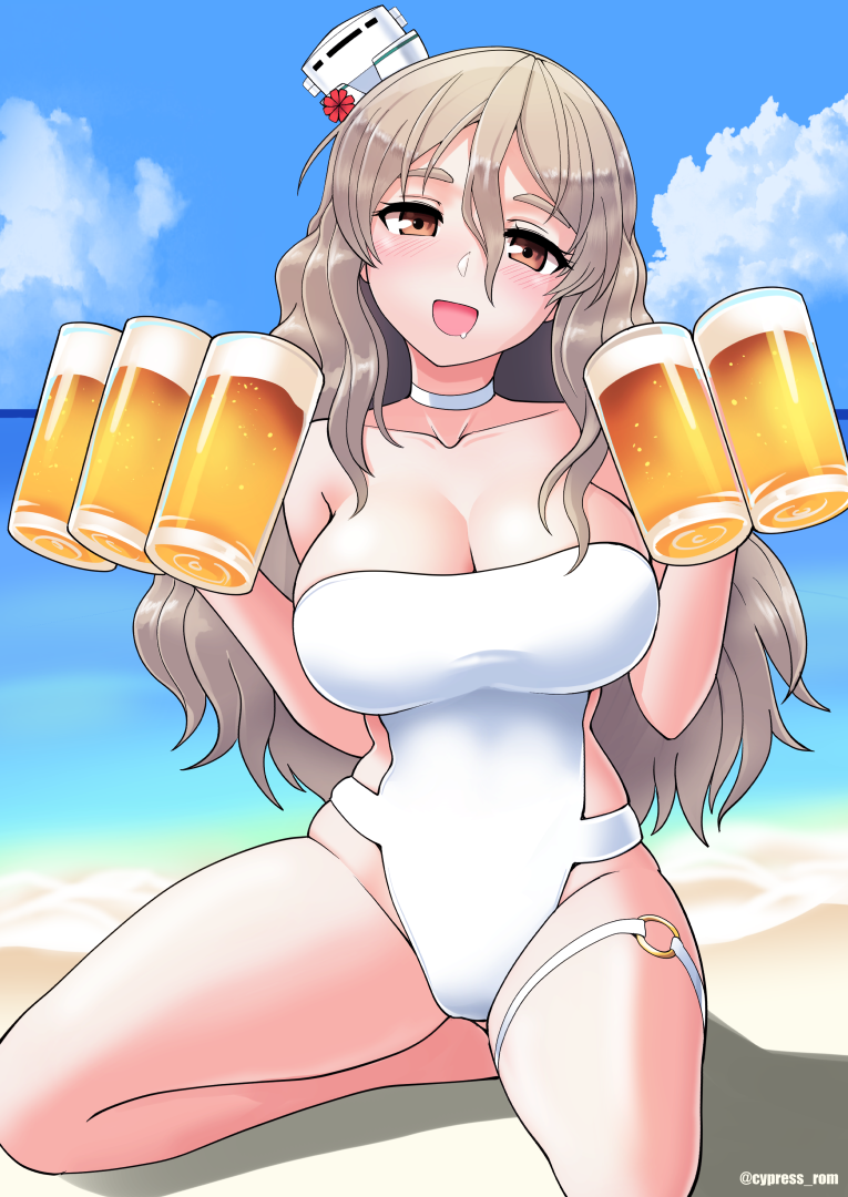 1girl alcohol bare_arms bare_legs bare_shoulders beach beer beer_mug blush breasts brown_eyes choker cleavage collarbone cup cypress day hair_between_eyes hat holding holding_cup kantai_collection large_breasts light_brown_hair long_hair looking_at_viewer mug ocean one-piece_swimsuit open_mouth outdoors pola_(kancolle) smile solo swimsuit thigh_strap twitter_username white_choker white_hat white_one-piece_swimsuit