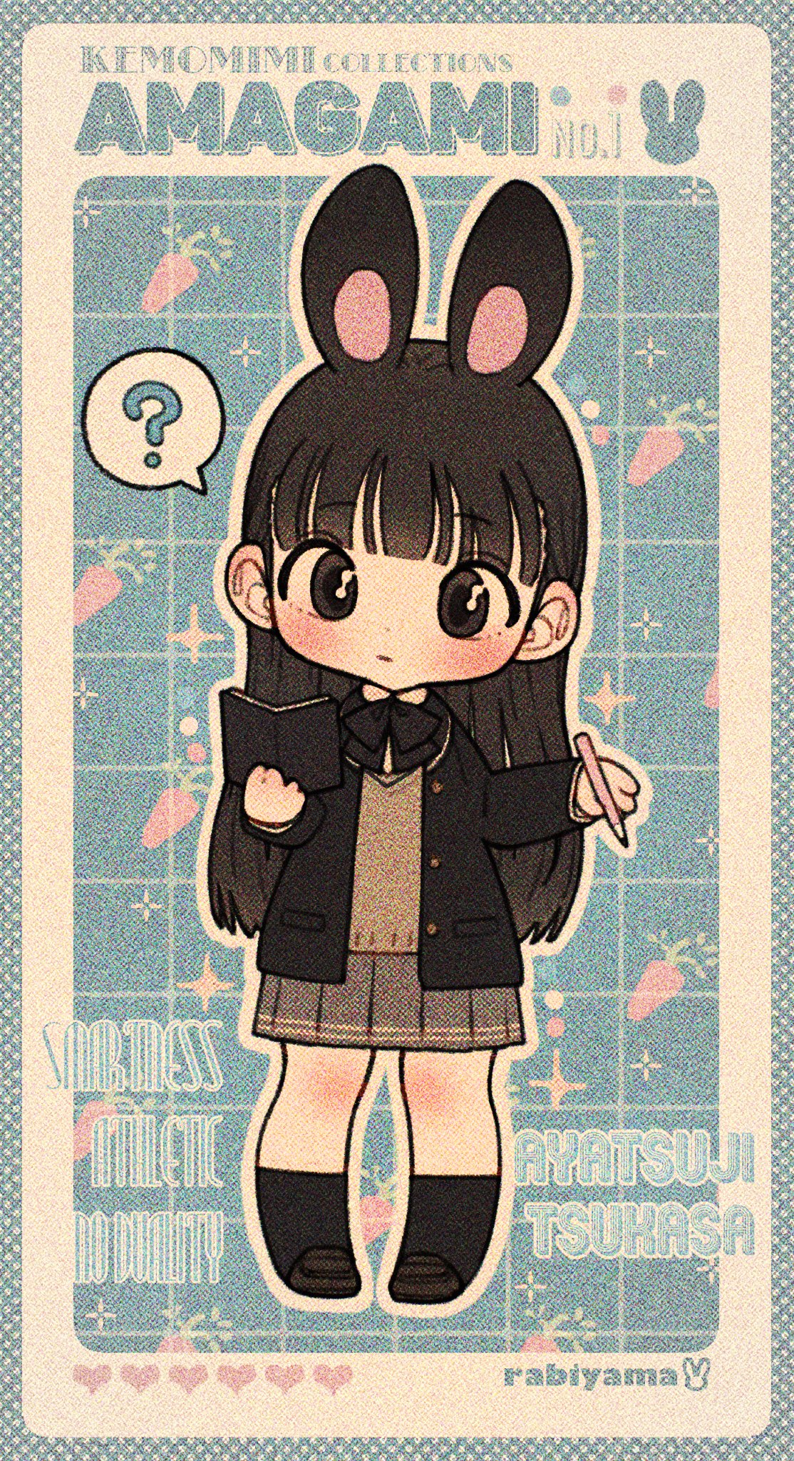 ? amagami animal_ears artist_name ayatsuji_tsukasa black_bow black_bowtie black_eyes black_hair black_jacket black_sailor_collar black_socks blazer blunt_bangs blush bow bowtie carrot character_name chibi closed_mouth copyright_name full_body grey_skirt heart highres holding holding_pen jacket kibito_high_school_uniform long_hair notebook pen pleated_skirt rabbit_ears rabiyamarabi sailor_collar school_uniform skirt socks standing straight_hair sweater yellow_sweater