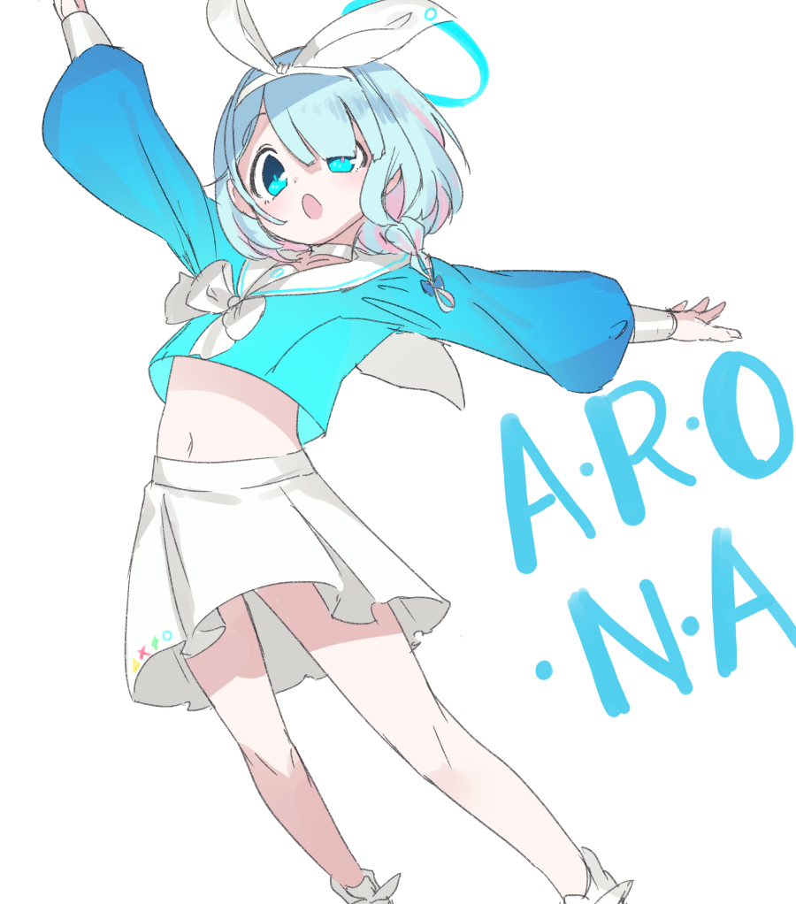 1girl :o arm_up arona_(blue_archive) blue_archive blue_eyes blue_hair blue_halo blunt_bangs bow bowtie braid character_name commentary_request crop_top feet_out_of_frame flat_chest hairband halo jumping long_sleeves looking_at_viewer midriff navel open_mouth pleated_skirt sailor_collar school_uniform serafuku short_hair side_braid simple_background single_braid skirt solo solopipb white_background white_bow white_bowtie white_hairband white_skirt