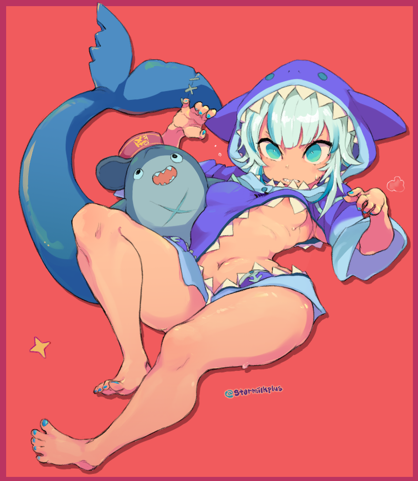 1girl angry animal_costume animal_hood areola_slip barefoot bloop_(gawr_gura) blue_eyes blue_hair blue_hoodie blue_nails blunt_bangs breasts claw_pose clothing_cutout commentary embarrassed english_commentary fins fish_tail full_body gawr_gura gawr_gura_(1st_costume) grey_hair hololive hololive_english hood hood_up hoodie long_sleeves medium_hair multicolored_hair nail_polish nervous_sweating no_bra no_pants shark_costume shark_girl shark_hood shark_tail sharp_teeth small_breasts solo starmilk streaked_hair sweat tail teeth thick_thighs thighs twitter_username underboob very_sweaty virtual_youtuber wide_sleeves