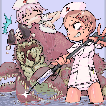 2girls ^^^ ^_^ animal black_eyes blue_background blush brown_hair closed_eyes commentary crustacean crying english_commentary glint grin gun hair_ornament hairclip harpoon harpoon_gun hat holding holding_gun holding_towel holding_weapon kikai_(akita_morgue) looking_at_animal lowres multiple_girls nervous_smile nontraditional_school_swimsuit nurse nurse_cap oekaki one-piece_swimsuit open_mouth original oversized_animal pink_hair ripples school_swimsuit short_hair short_sleeves simple_background smile swimsuit syringe towel wading washing_animal water weapon white_one-piece_swimsuit