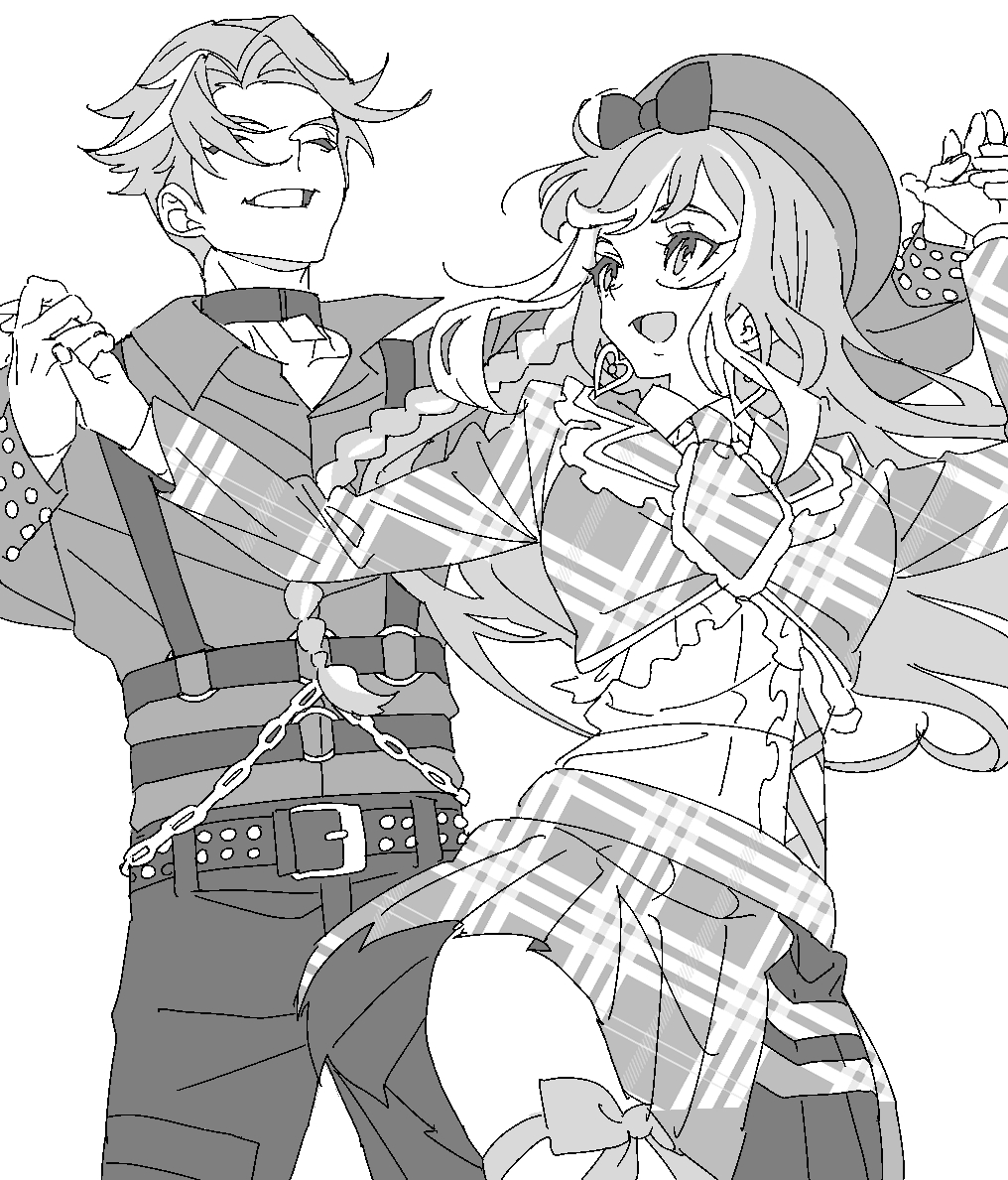 1boy 1girl :d anchiki_shou bad_id bad_twitter_id beret bow braid chain chest_harness closed_eyes collar collared_shirt cowboy_shot cropped_jacket dancing facing_viewer greyscale hands_up harness hat hat_bow hibino_matsuri hibino_matsuri_(primagista) holding_hands ibuki_touma ibuki_touma_(primagista) long_hair long_sleeves looking_at_another looking_back monochrome multicolored_hair necktie open_mouth pants plaid plaid_skirt pleated_skirt pretty_series shirt short_hair side_braid simple_background skirt smile standing streaked_hair very_long_hair waccha_primagi! white_background