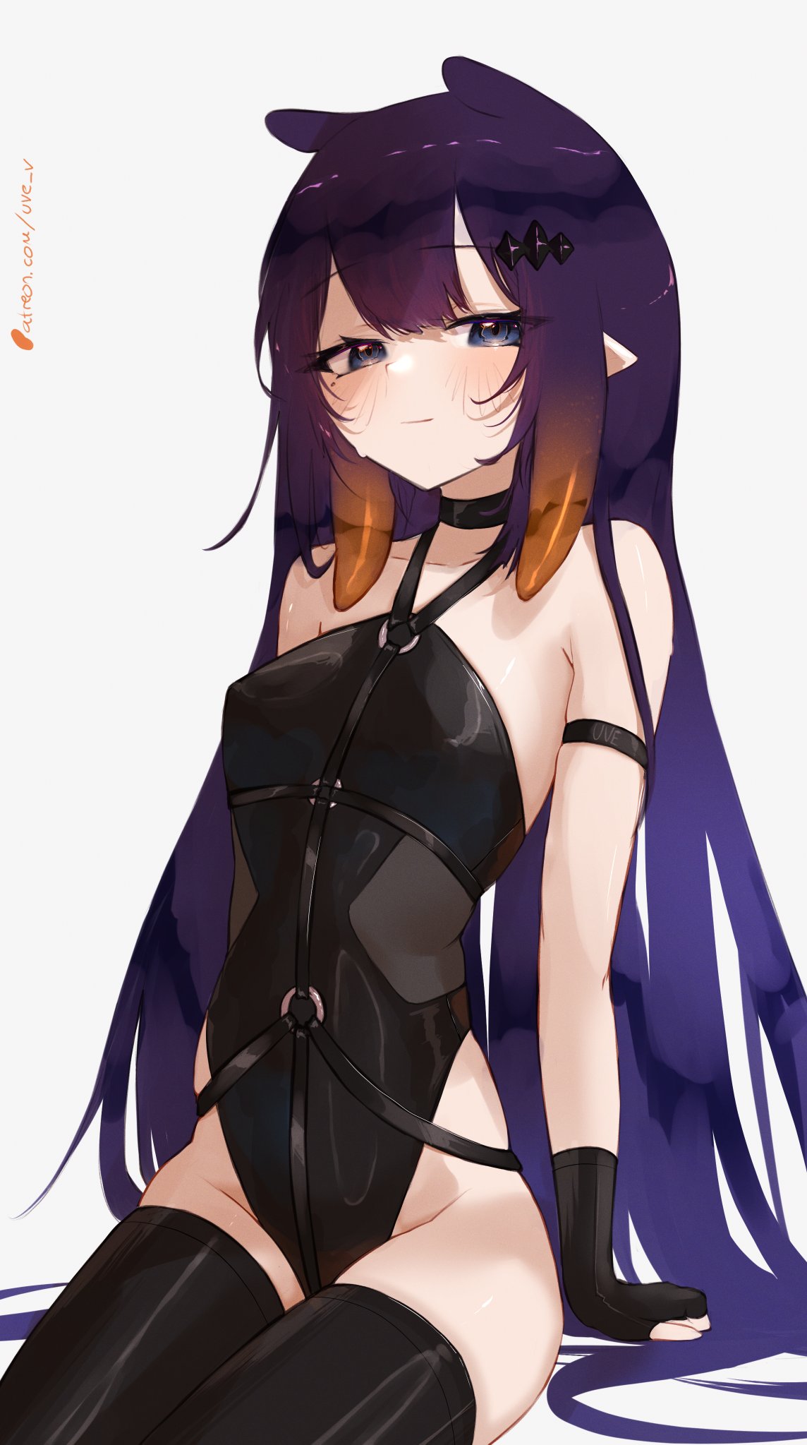 1girl alternate_costume arm_strap black_gloves black_leotard black_thighhighs blush breasts fingerless_gloves gloves hair_ornament harness highres hololive hololive_english leotard long_hair looking_at_viewer mole mole_under_eye ninomae_ina'nis o-ring o-ring_harness patreon_username pointy_ears purple_eyes purple_hair sitting small_breasts solo tentacle_hair thighhighs uve very_long_hair virtual_youtuber