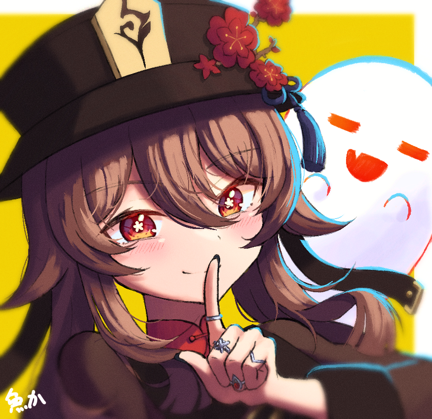 1girl boo_tao_(genshin_impact) border brown_coat brown_eyes brown_hair brown_hat closed_mouth coat commentary_request finger_to_mouth flower flower-shaped_pupils genshin_impact hair_between_eyes hat hat_flower hu_tao_(genshin_impact) index_finger_raised jewelry long_sleeves multiple_rings open_mouth outside_border porkpie_hat ring ryan_(ritenichi) signature simple_background smile symbol-shaped_pupils upper_body white_border yellow_background