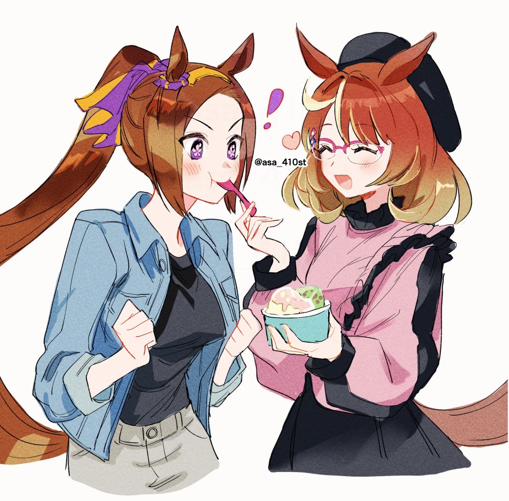 ! 2girls animal_ears asa_(asa_410st) beret black_hat black_shirt black_skirt blue_jacket blush breasts brown_hair clenched_hands closed_mouth cropped_torso cup feeding food glasses hairband hat heart holding holding_cup holding_spoon horse_ears horse_girl horse_tail ice_cream jacket long_hair medium_hair multicolored_hair multiple_girls north_flight_(umamusume) open_clothes open_jacket open_mouth pink_shirt purple_eyes sakura_bakushin_o_(umamusume) semi-rimless_eyewear shirt simple_background skirt sleeves_rolled_up small_breasts smile spoon streaked_hair tail umamusume upper_body white_background