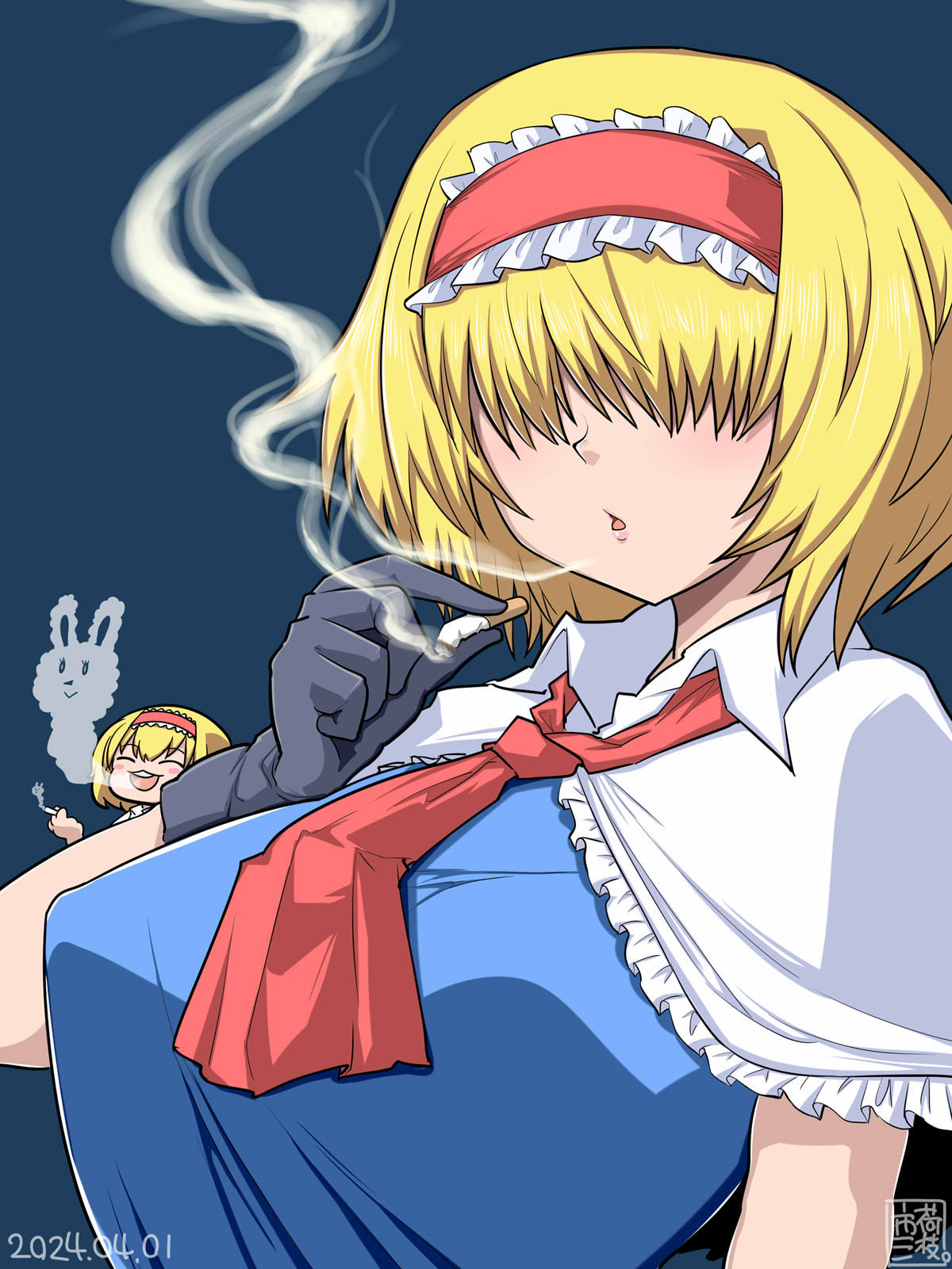 2girls alice_margatroid black_gloves blonde_hair blue_background blue_dress blush breasts capelet cigarette closed_eyes collared_capelet commentary_request cookie_(touhou) dated dress fluffy_fluffy_rabbit-chan gloves hair_between_eyes hair_over_eyes highres holding holding_cigarette ichigo_(cookie) itini-sanshi jigen_(cookie) large_breasts long_bangs multiple_girls necktie open_mouth red_necktie short_hair simple_background smoke smoking solo_focus touhou upper_body white_capelet