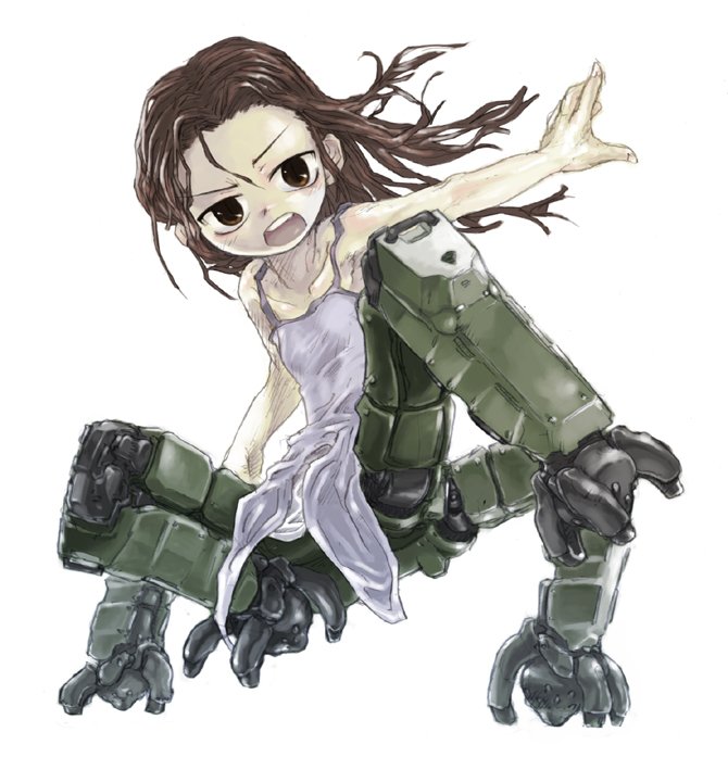 1girl amputee breasts brown_eyes brown_hair collarbone commentary_request cyborg double_amputee dress extra_legs floating_hair grey_dress kikai_(akita_morgue) long_hair looking_at_viewer mecha_musume mechanical_legs open_mouth original outstretched_arm serious simple_background sleeveless sleeveless_dress small_breasts solo spaghetti_strap v-shaped_eyebrows white_background