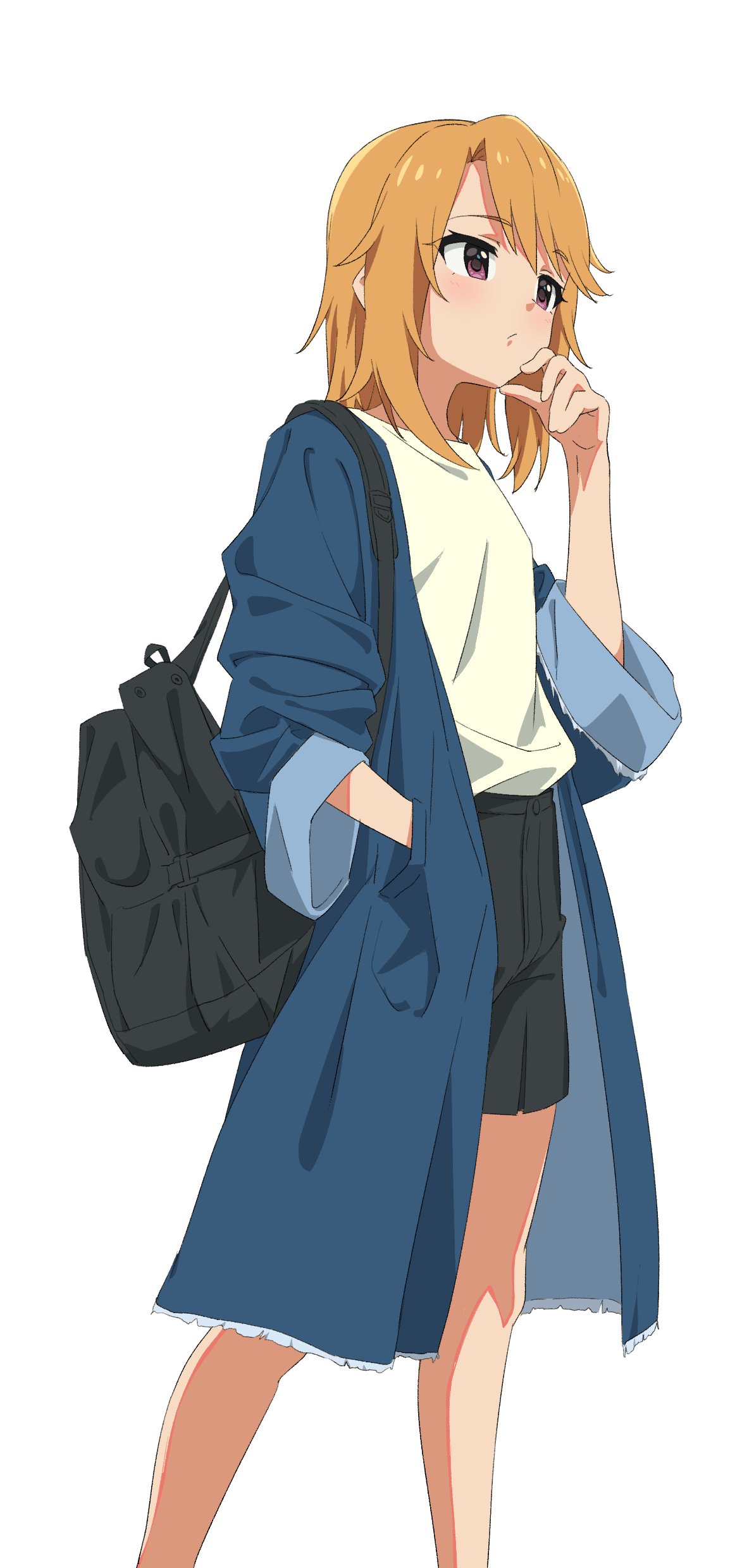 1girl absurdres backpack bag bare_legs black_bag black_shorts blue_coat blush coat feet_out_of_frame hand_in_pocket highres idolmaster idolmaster_cinderella_girls looking_ahead orange_hair papiyon1297 shorts simple_background solo white_background yuuki_haru