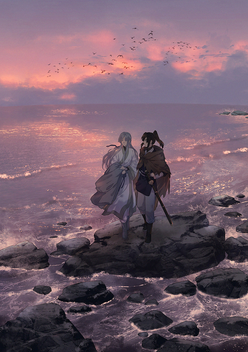 2boys androgynous beach bird black_hair boots brown_cloak chinese_clothes cloak cloud cloudy_sky commentary_request evening full_body gradient_sky grey_hair highres long_hair looking_at_another male_focus multiple_boys ocean original pink_sky ponytail rock scabbard scenery sheath shore sky standing sword toruglose weapon