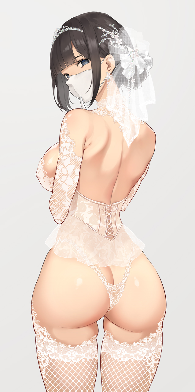 1girl ass back black_hair blue_eyes bra breasts bridal_veil commentary_request finger_to_mouth from_behind gloves grey_background highres index_finger_raised lace-trimmed_bra lace-trimmed_panties lace_trim large_breasts looking_at_viewer looking_back mask mouth_mask original panties serizawa_(serizawaroom) shushing simple_background solo standing tiara underwear veil white_bra white_gloves white_mask white_panties