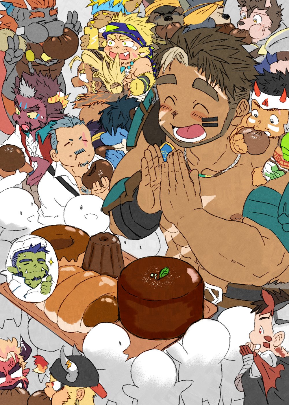 6+boys ^_^ another_eidos-r bara barboros_(another_eidos) beard billford_(another_eidos) blurry bread cake character_request chef chest_hair_peek clapping closed_eyes content_rating dark-skinned_male dark_skin deformed demon_boy depth_of_field double_v faceless facial_hair food food_theft from_above fugur6_fugur9 full_beard gaia_(another_eidos) giant giant_male gorilla_boy grey_hair gymnos_(another_eidos) harold_(another_eidos) headband highres huge_eyebrows laughing male_focus mature_male meat milestone_celebration mini_person miniboy multiple_boys muscular muscular_male mustache_stubble nipples on_shoulder orc pugi_(another_eidos) satan_(another_eidos) short_hair stalon_(another_eidos) stubble tearing_up thick_beard thick_eyebrows thick_mustache v yuno_(another_eidos)