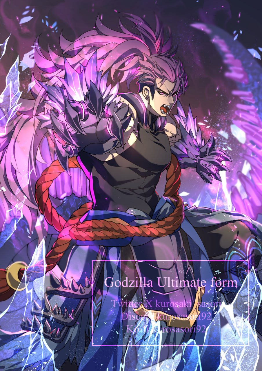 1boy clawed_gauntlets elbow_spikes godzilla godzilla_(monsterverse) godzilla_(series) godzilla_evolved godzilla_x_kong:_the_new_empire highres kurosaki_sasori long_hair monsterverse muscular muscular_male personification pink_eyes pink_hair ponytail sharp_teeth solo tail teeth very_long_hair