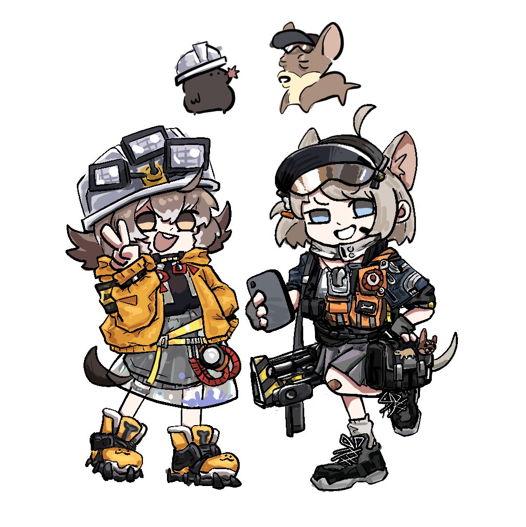 2girls :d ahoge almond_(arknights) animal_ears arknights bag bandaid bandaid_on_knee bandaid_on_leg black_bag black_hat black_shirt blue_eyes blue_jacket brown_eyes brown_hair cellphone cement_(arknights) commentary dog dog_ears dog_girl dog_tail english_commentary extra_ears fingerless_gloves full_body gloves goggles goggles_on_head grey_gloves grey_hair grey_hat grey_skirt grin hand_on_own_hip hand_up hard_hat helmet holding holding_phone jacket medium_hair microphone mining_helmet mole_(animal) multicolored_hair multiple_girls namieeesss open_clothes open_jacket phone pleated_skirt see-through see-through_skirt shirt short_hair simple_background skirt smartphone smile tail teeth two-tone_hair upper_teeth_only v v-shaped_eyebrows visor_cap white_background white_shirt yellow_footwear yellow_jacket