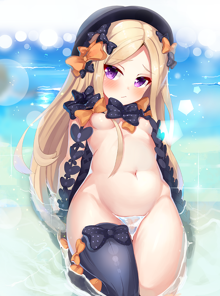 2drr :/ abigail_williams_(fate/grand_order) arm_support bangs bare_arms black_bow black_hat black_legwear blonde_hair blush bow breasts closed_mouth eyebrows_visible_through_hair fate/grand_order fate_(series) forehead groin hat head_tilt lens_flare long_hair looking_at_viewer navel no_panties orange_bow parted_bangs polka_dot polka_dot_bow purple_eyes reclining seiza shiny shiny_hair sidelocks single_thighhigh sitting small_breasts solo sparkle stomach straight_hair thighhighs very_long_hair water