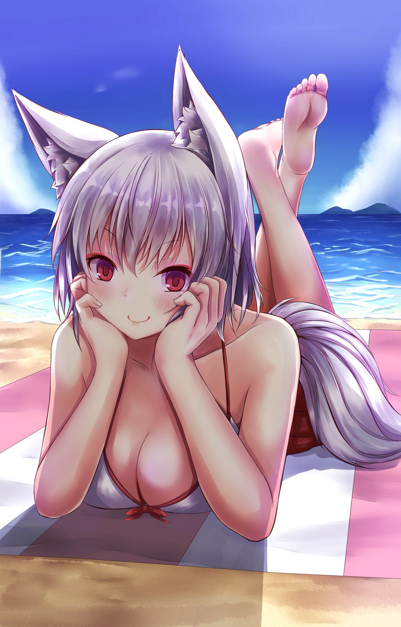 animal_ears backlighting banned_artist barefoot beach bikini blue_sky blush breasts cleavage cloud commentary_request day feet hands_on_own_cheeks hands_on_own_face highres inubashiri_momiji looking_at_viewer lying medium_breasts ocean on_stomach oohirakeisuke outdoors red_eyes sand short_hair silver_hair sky smile solo swimsuit tail the_pose touhou white_bikini wolf_ears wolf_tail