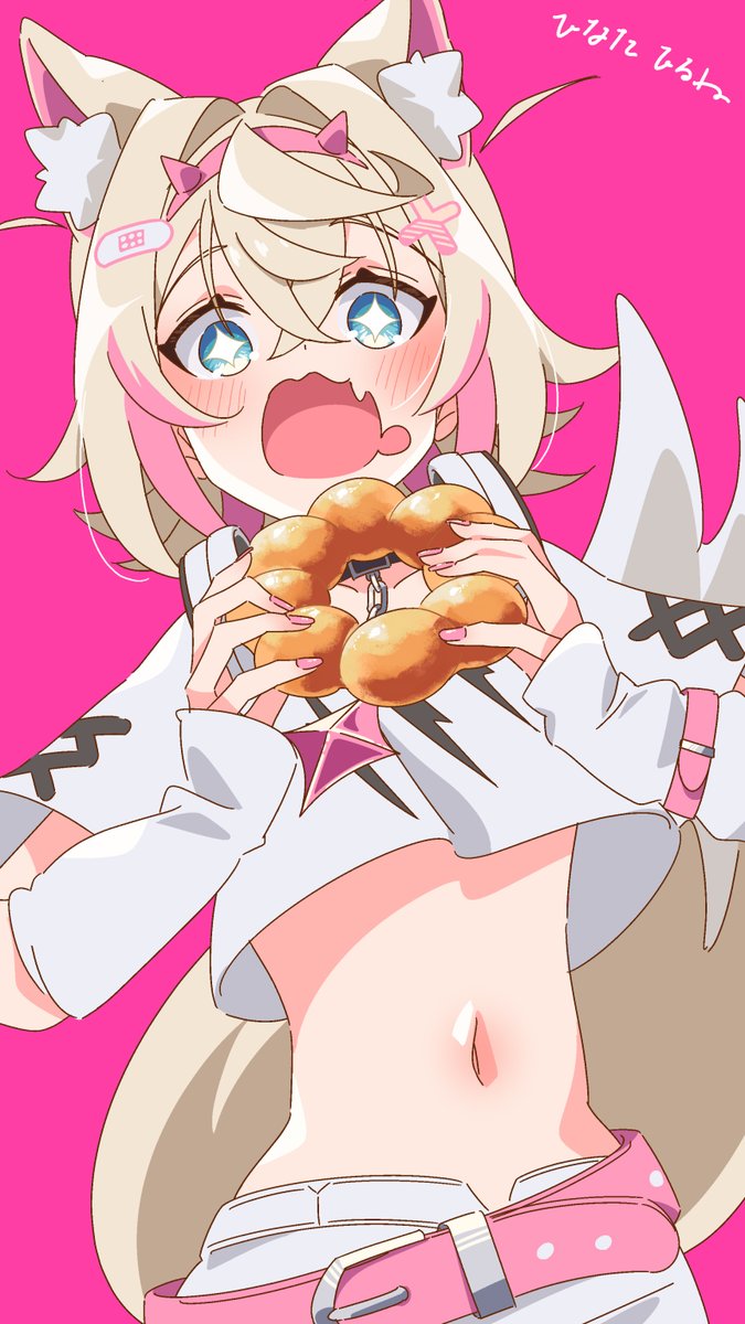 1girl animal_ear_fluff animal_ears bandaid bandaid_hair_ornament belt blonde_hair blue_eyes breasts cropped_shirt dog_ears dog_girl dog_tail doughnut fang food hair_ornament highres hinata_hirune holding_doughnut hololive hololive_english looking_at_viewer medium_hair mococo_abyssgard mococo_abyssgard_(1st_costume) navel open_mouth pink_background pink_belt pink_hair pon_de_ring shirt shorts skin_fang small_breasts tail virtual_youtuber white_shirt white_shorts x_hair_ornament