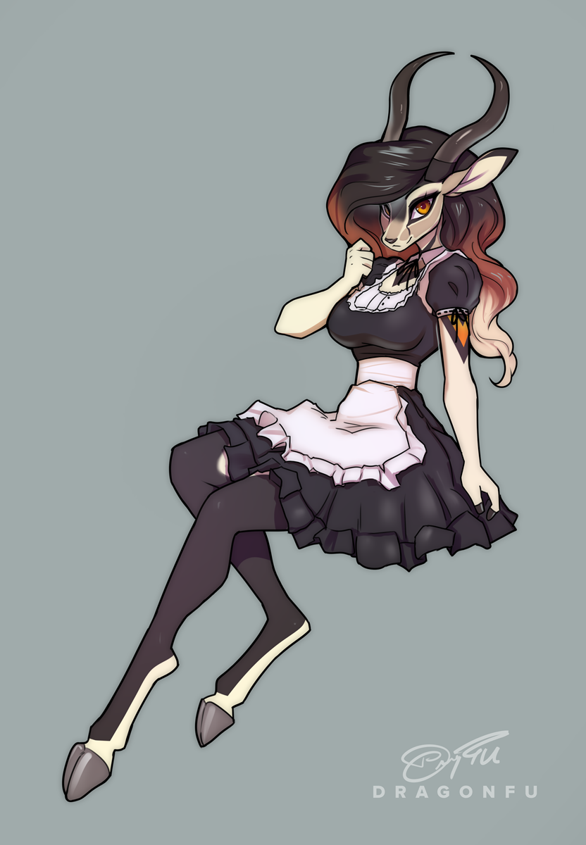 antelope anthro antlers bovid clothing dragonfu dress female gazelle hair hi_res horn long_hair maid_uniform mammal multicolored_hair orange_eyes solo uniform zahra_(airheart)