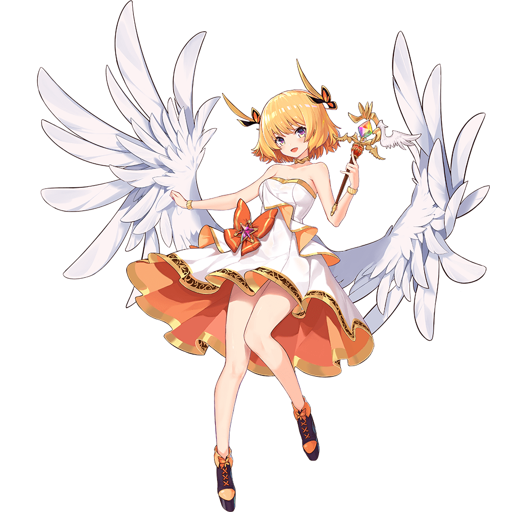 1girl angel_wings ark_order artist_request black_footwear blonde_hair bow bracelet dress dress_bow feathered_wings full_body gold_trim holding holding_wand iris_(ark_order) jewelry looking_at_viewer low_twintails multicolored_eyes official_art orange_bow purple_eyes shoes short_hair sidelocks sleeveless sleeveless_dress solo tachi-e transparent_background twintails wand white_dress white_wings wings yellow_eyes